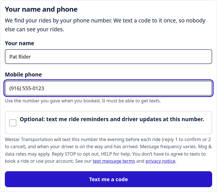 The account page's Your name and phone step: name, mobile phone, then an unticked checkbox reading Optional: text me ride reminders and driver updates at this number, with the full text-message disclosure below it.