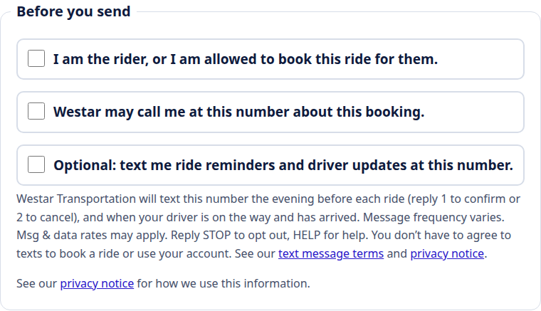 The booking form's Before you send section. The third checkbox, not ticked, reads: Optional: text me ride reminders and driver updates at this number. Below it is the full text-message disclosure.